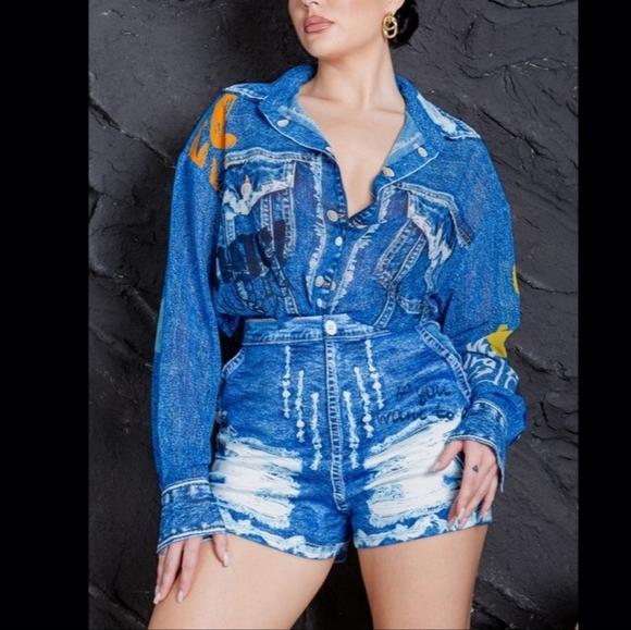 Casual Denim Effect Chiffon Blouse & Short Set Blue - Picture 1 of 16